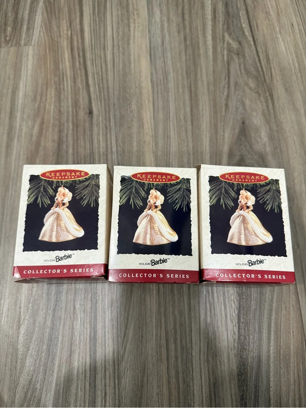 NWT 3Pk Vintage 1994 Holiday Barbie Hallmark Figurine Ornament - Ivory and Gold